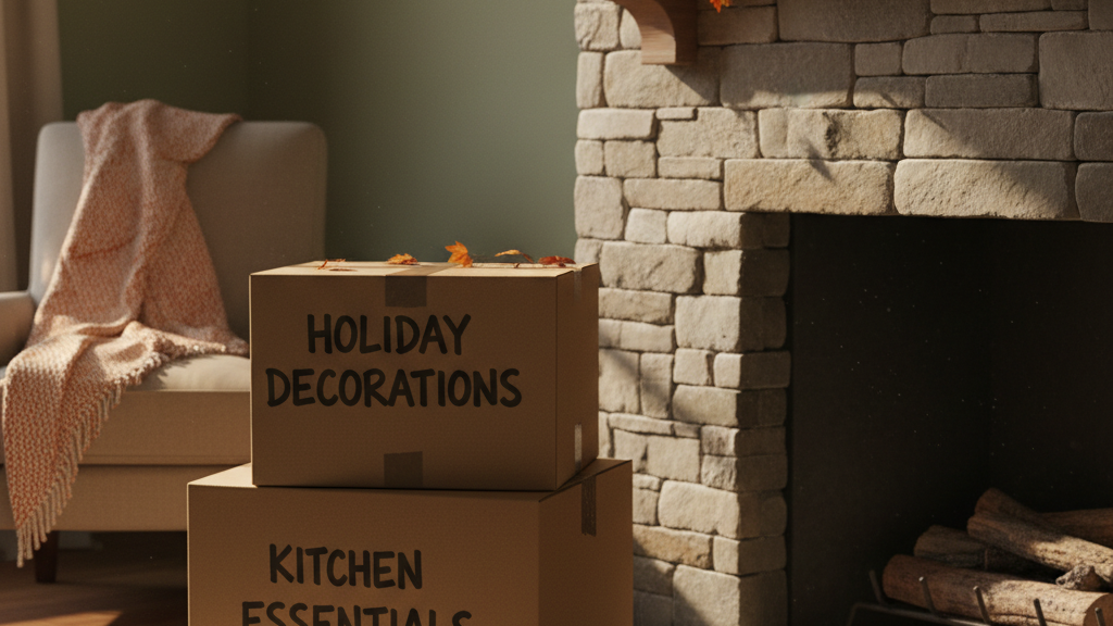 Holiday moving boxes labeled and organized inside a San Diego home