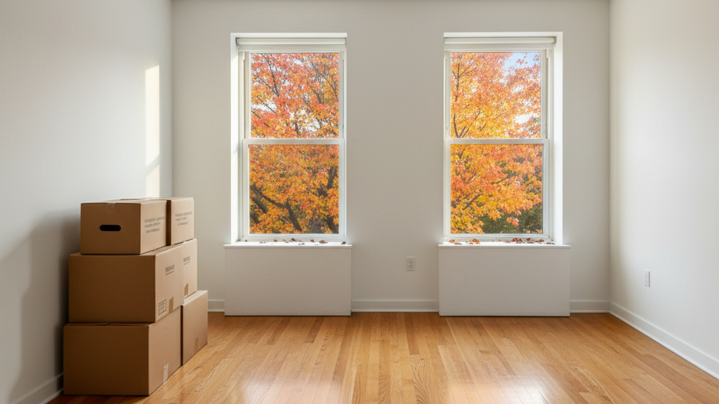 Neatly stacked moving boxes in a clean apartment with autumn leaves visible outside the window.