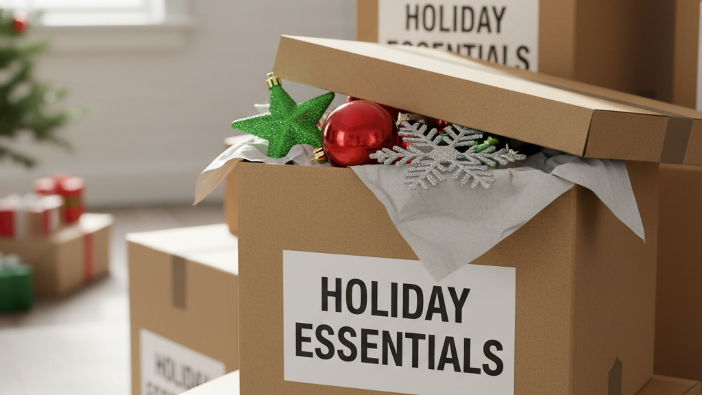 Moving box labeled Holiday Essentials with festive ornaments and decor items inside.