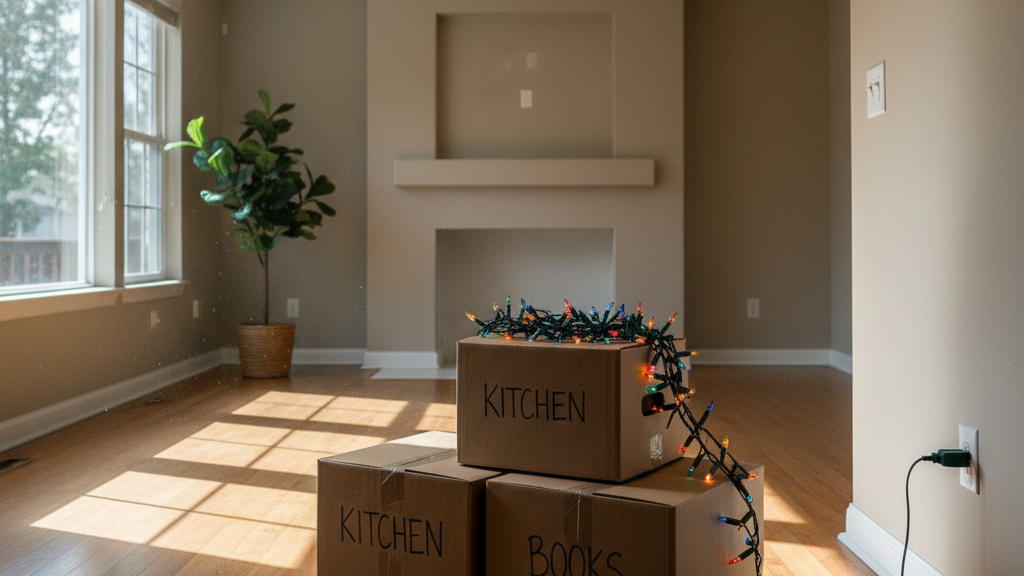 Empty living room with packed boxes and festive holiday lights along the floor.