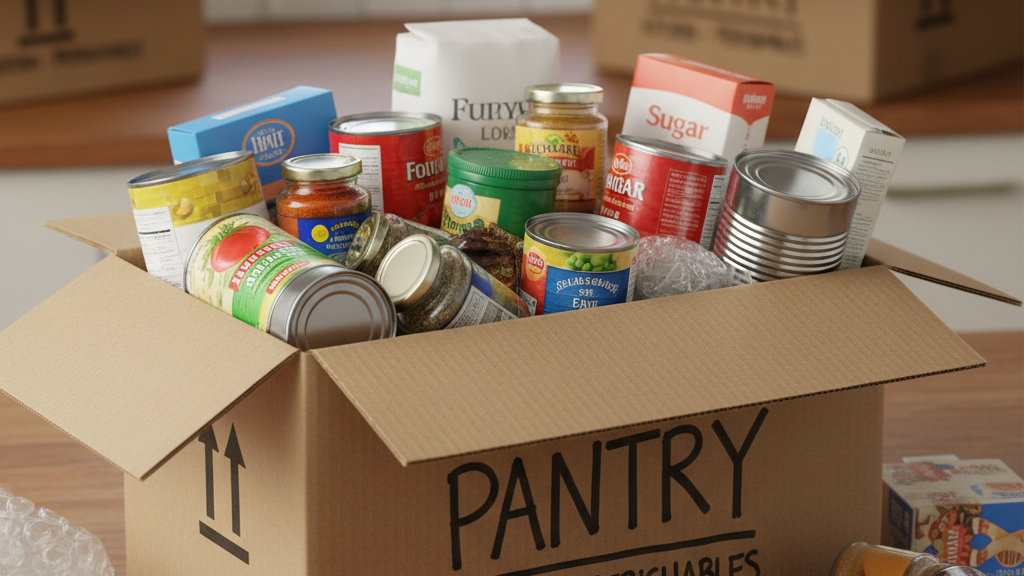 Pantry food items carefully packed in moving box with padding