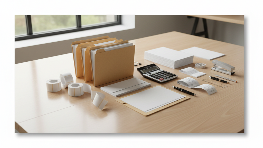 Organized tax and moving document setup with folders and receipts for preparing a 2026 tax return