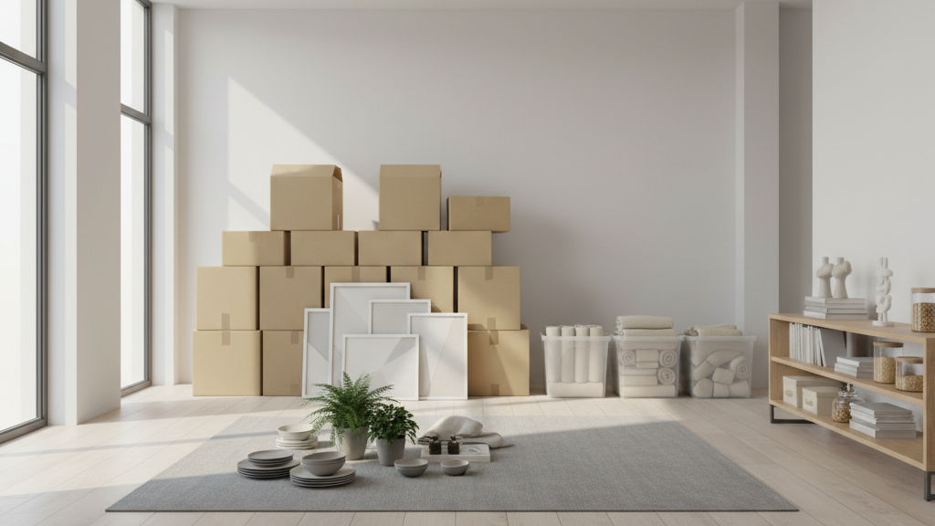 Organized unpacking setup with boxes and household items arranged by room in a new home