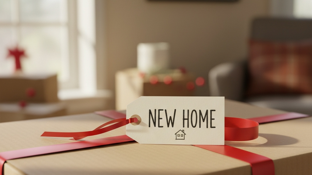 Holiday gift tag reading "New Home" on a moving box with red ribbon.