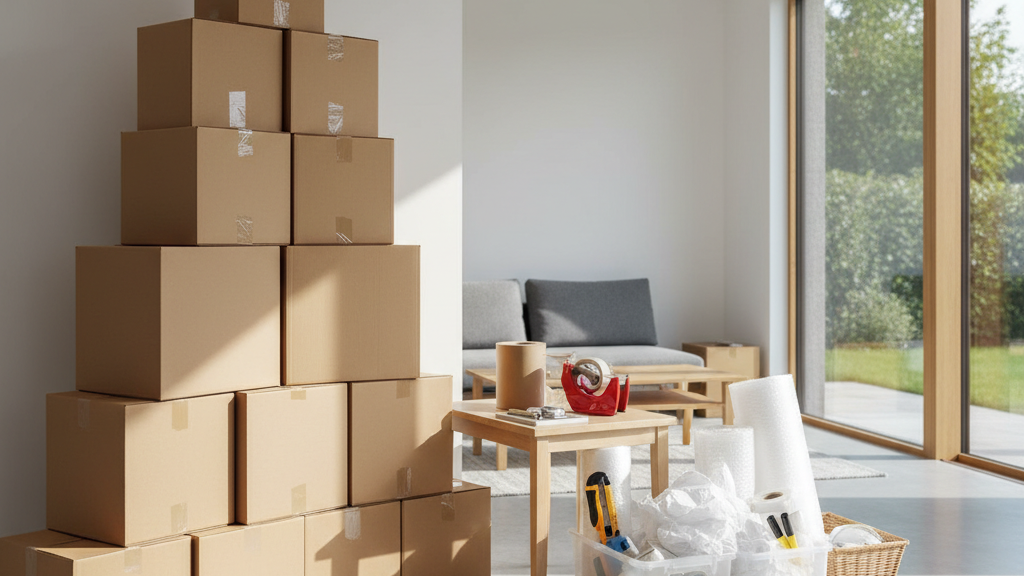 Moving boxes and packing supplies prepared for starting fresh in a new San Diego home