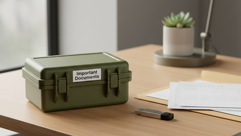 Secure weatherproof box for storing important documents during a winter move.