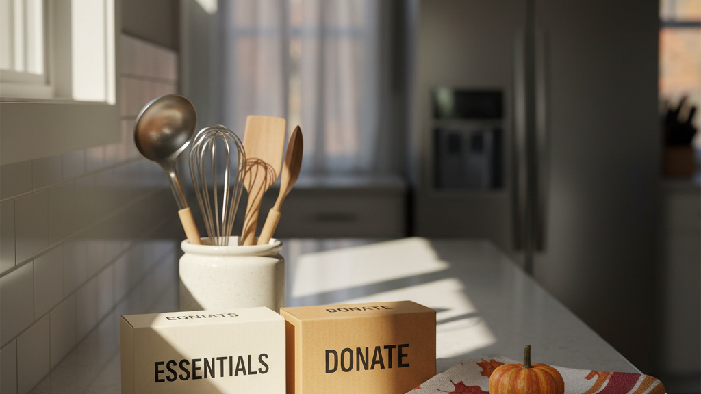 Kitchen Counter with Packed Essentials and Donation Box
